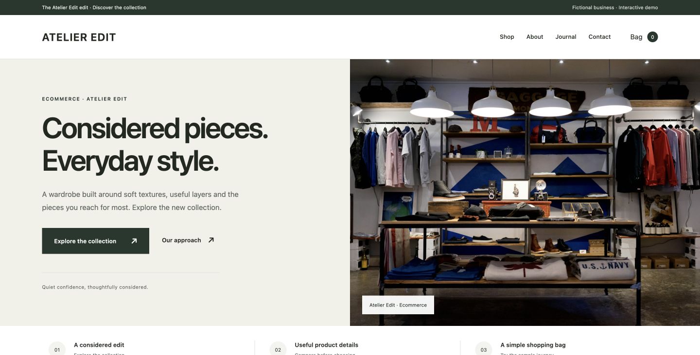 Atelier Edit website design for Ecommerce