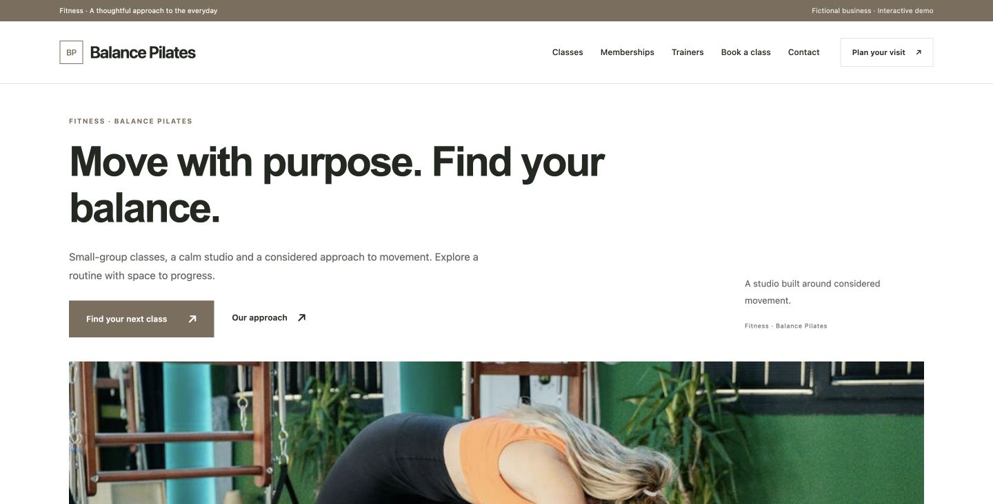 Balance Pilates website design for Fitness
