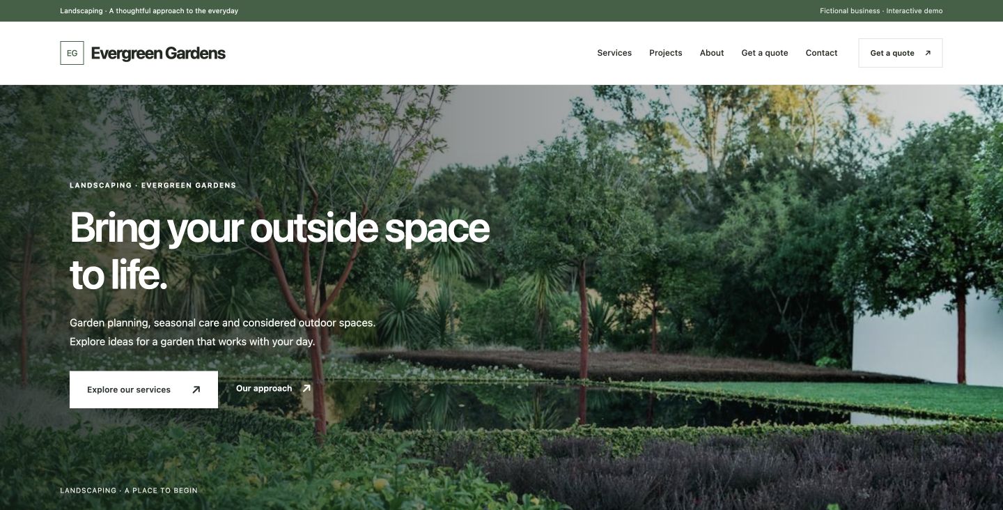 Evergreen Gardens website design for Landscaping