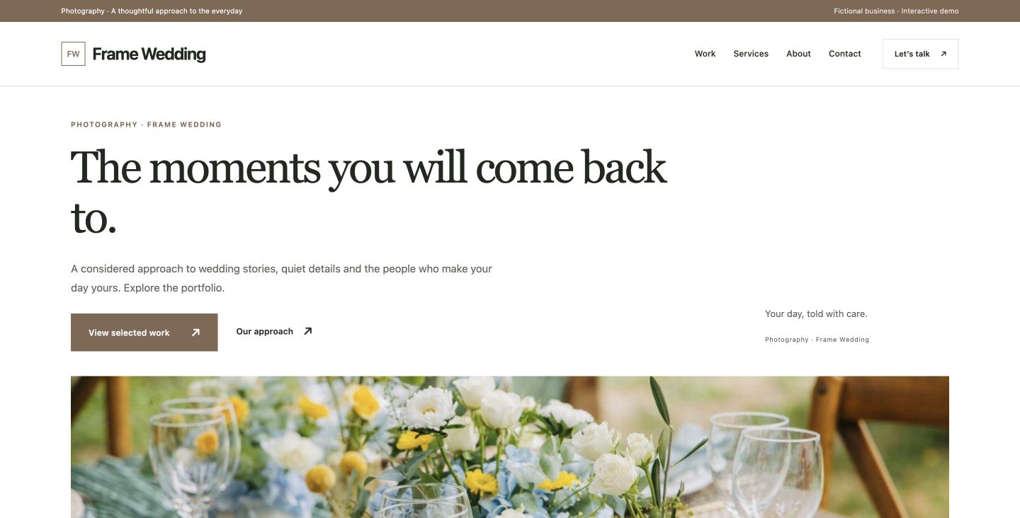 Frame Wedding website design for Photography
