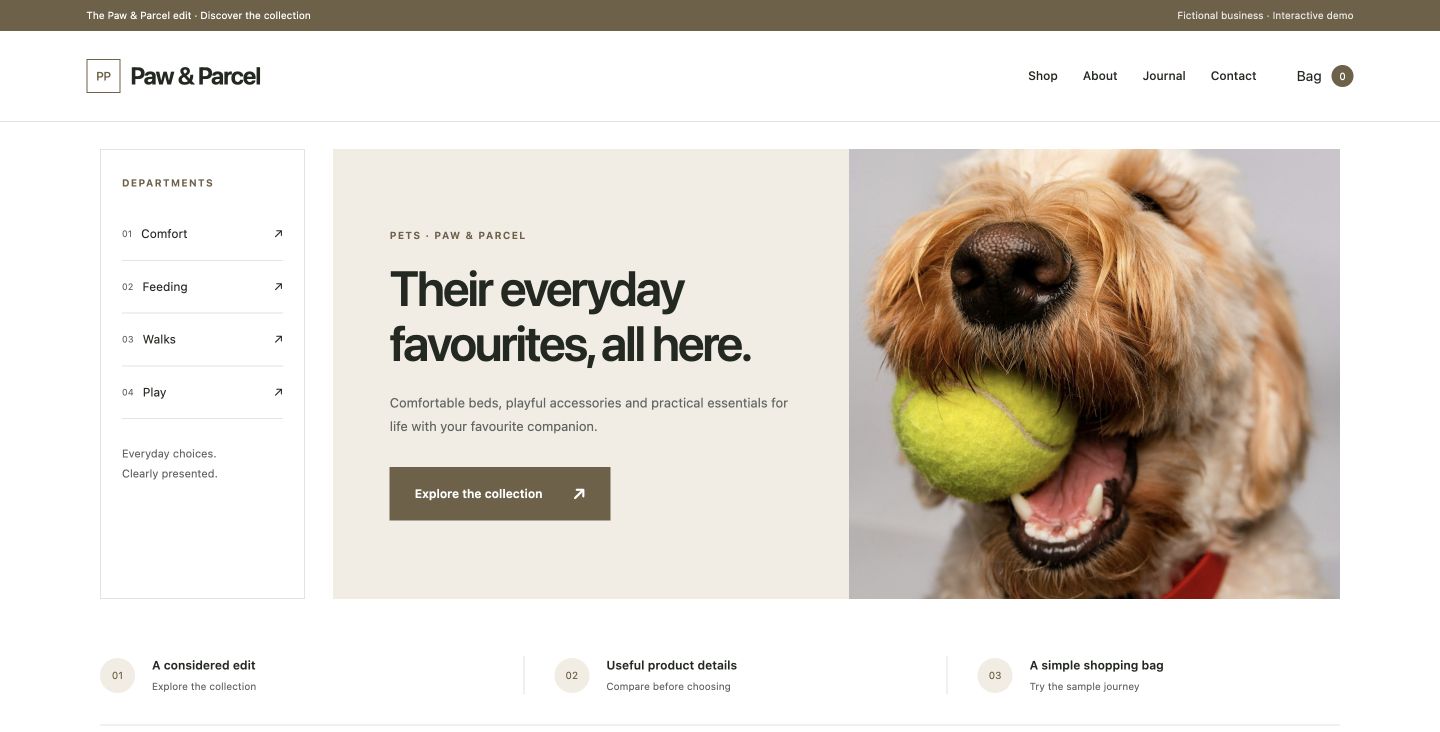 Paw & Parcel website design for Pets