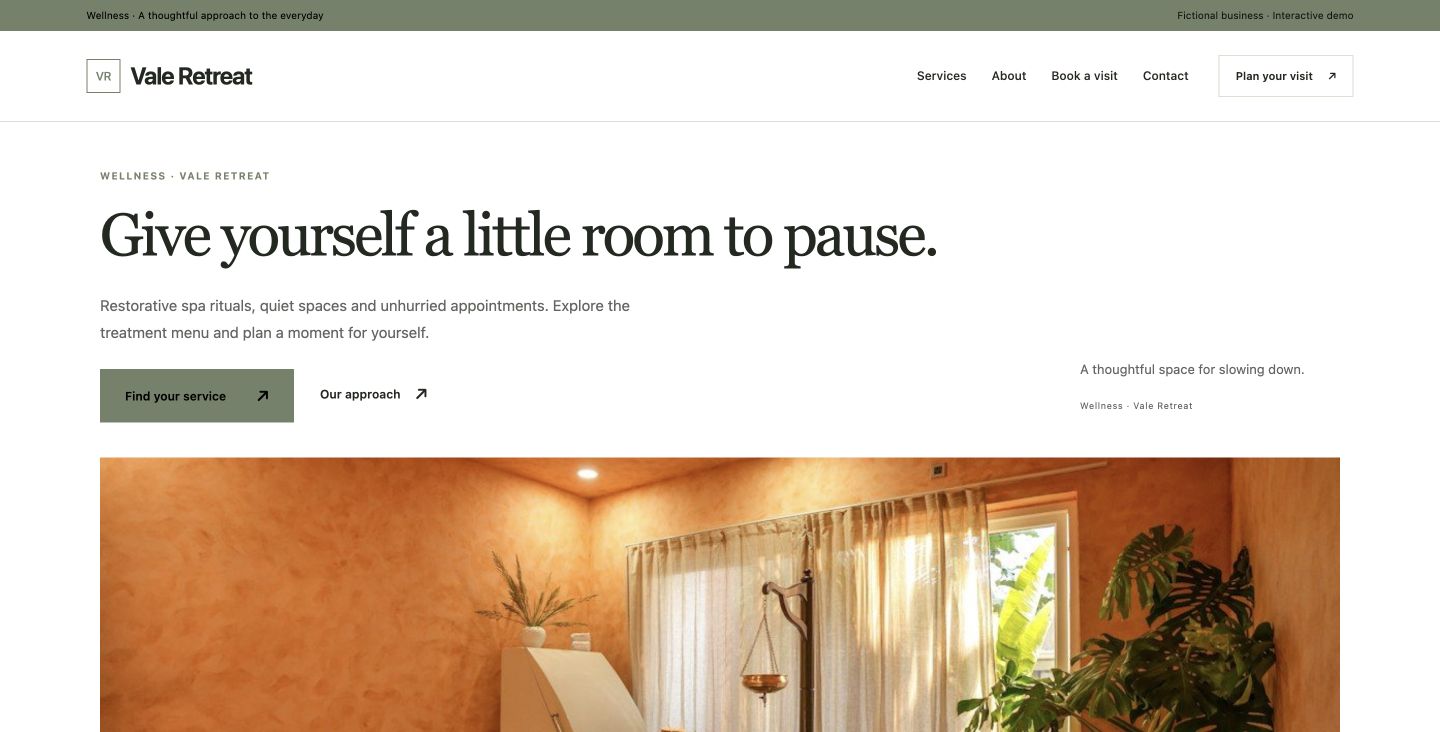 Vale Retreat website design for Wellness